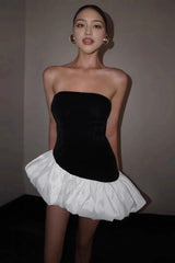 Contrasting Color Slim Fit Tube Top Mini Dress Black / S