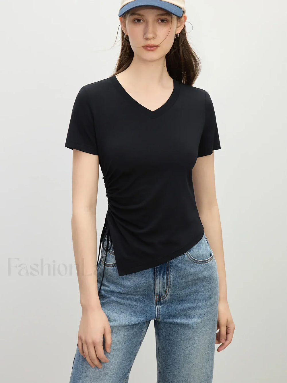 Cooling V Neck Drawstring Crop T Shirt Black / S