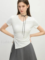 Cooling V Neck Drawstring Crop T Shirt WHITE / S