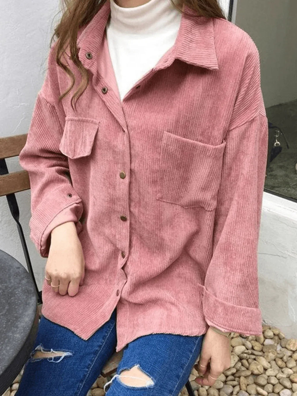 Corduroy Long Sleeve Button Blouse Pink / M Shirts