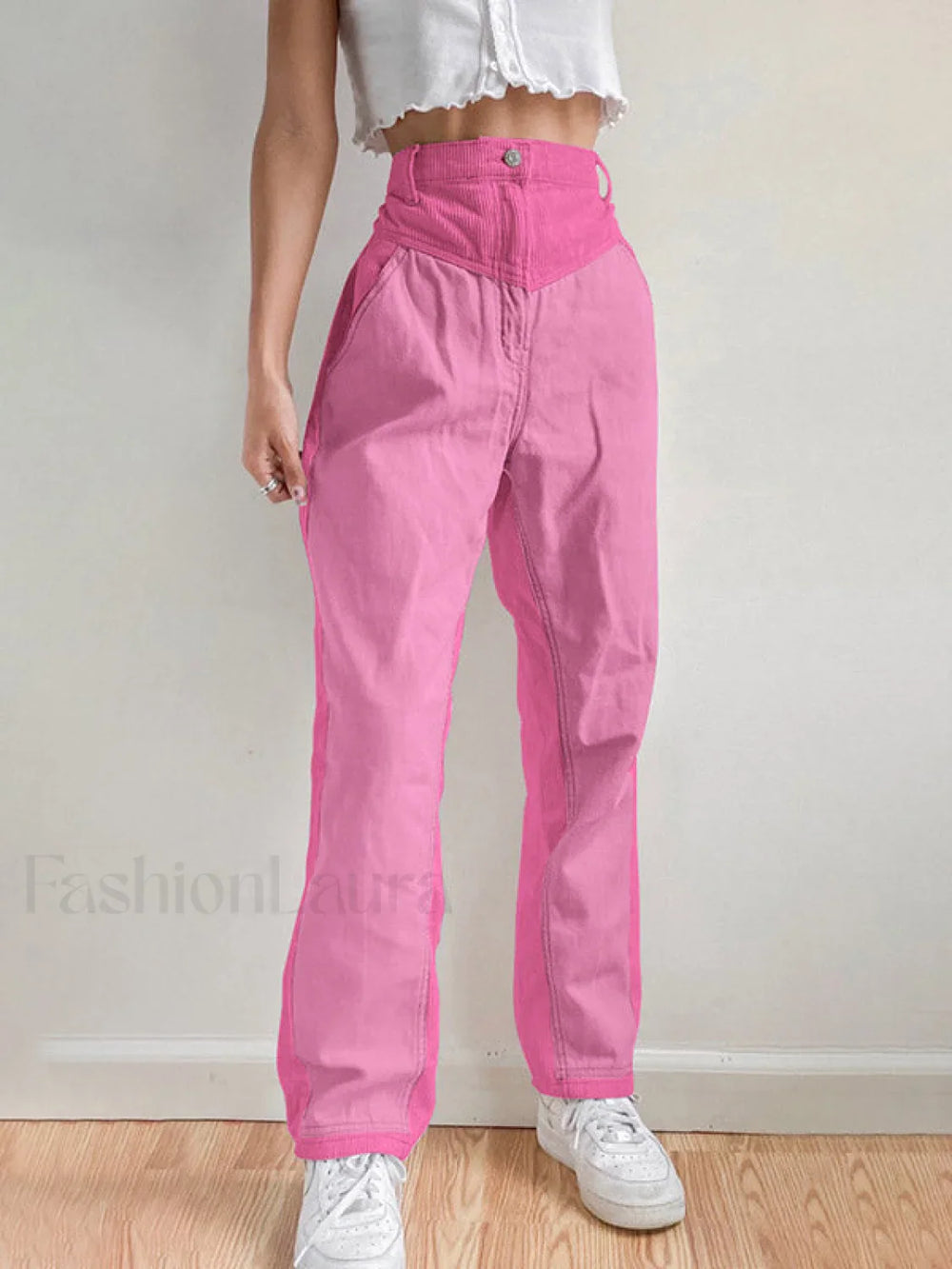 Corduroy Patchwork High Waist Straight Pants Beetroot Purple / S Straight Leg Pants