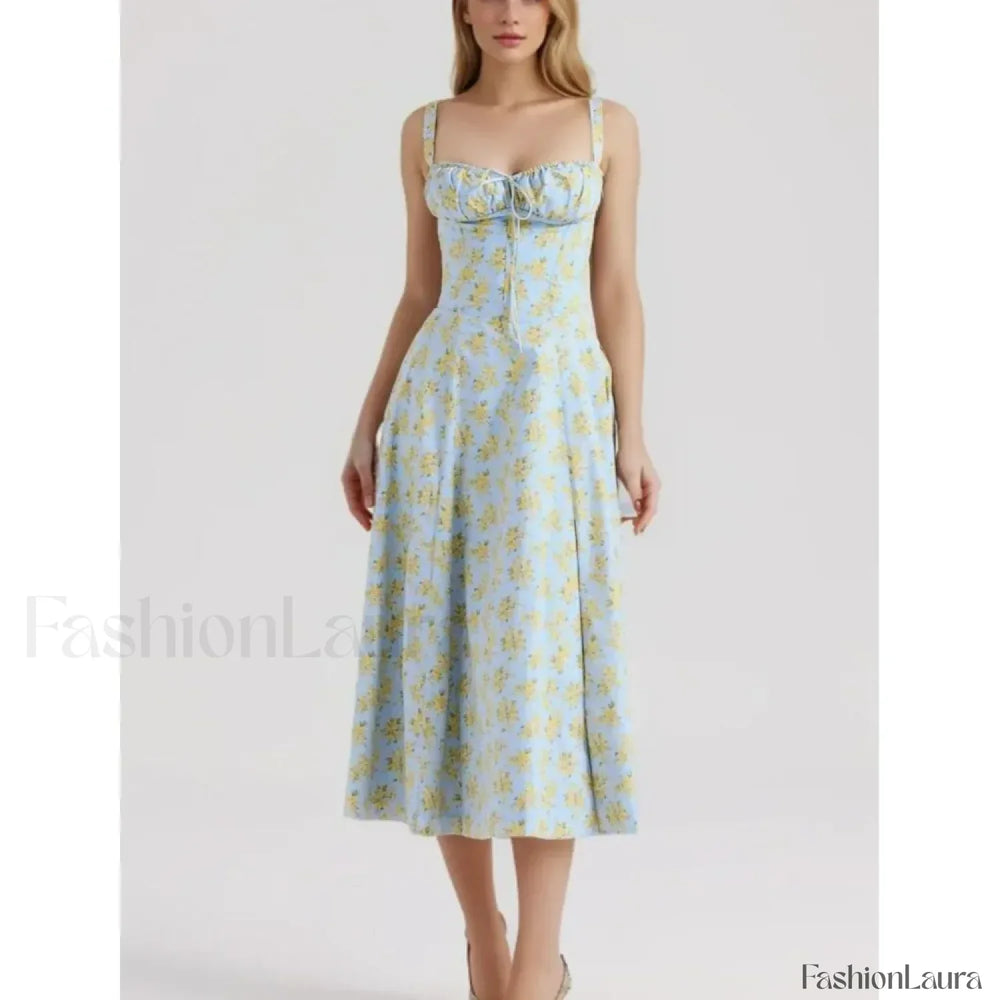 Corset Lacing Bandage Floral Dress Lake Blue / S