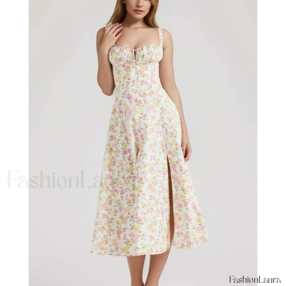 Corset Lacing Bandage Floral Dress Pink / S