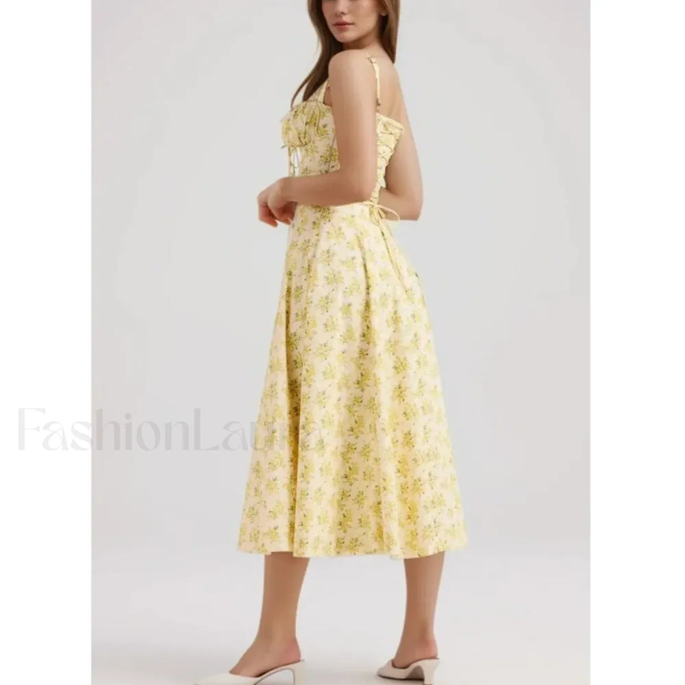 Corset Lacing Bandage Floral Dress Yellow / S
