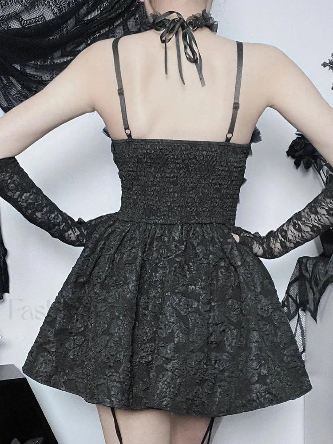 Corset Rose Print Mini Backless Lace A Line Black Shirring Slip Nightclub Patchwork Dress