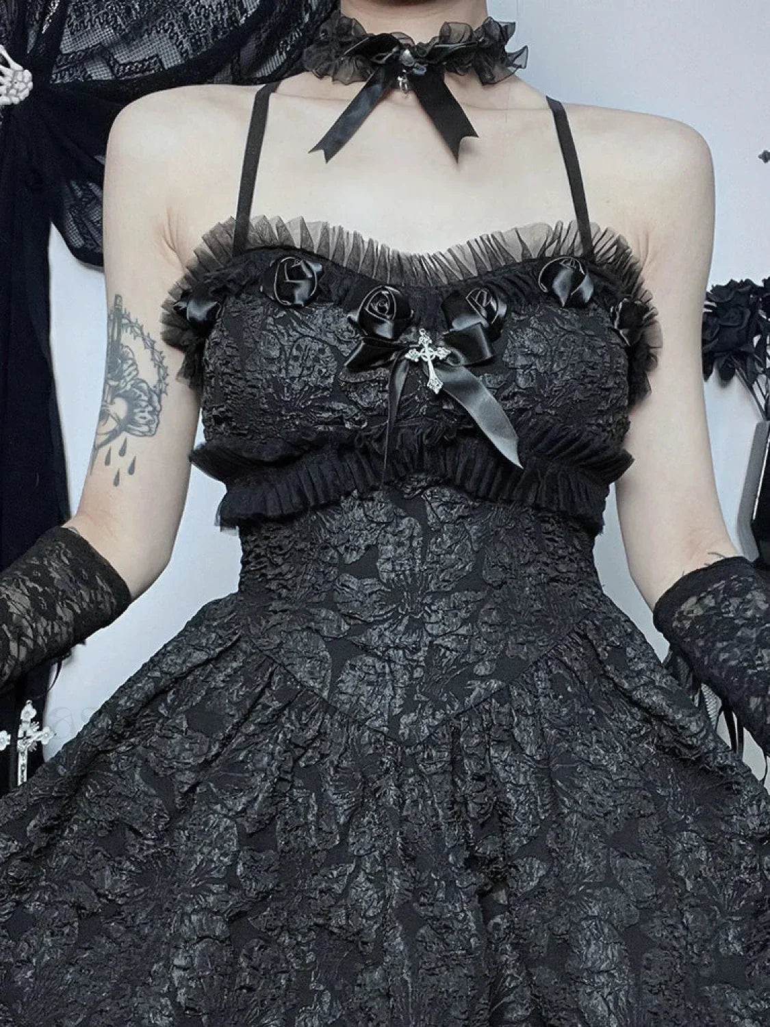 Corset Rose Print Mini Backless Lace A Line Black Shirring Slip Nightclub Patchwork Dress