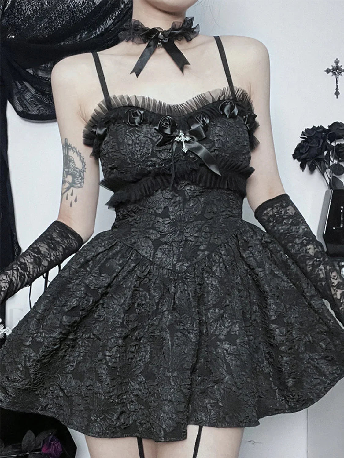 Corset Rose Print Mini Backless Lace A Line Black Shirring Slip Nightclub Patchwork Dress