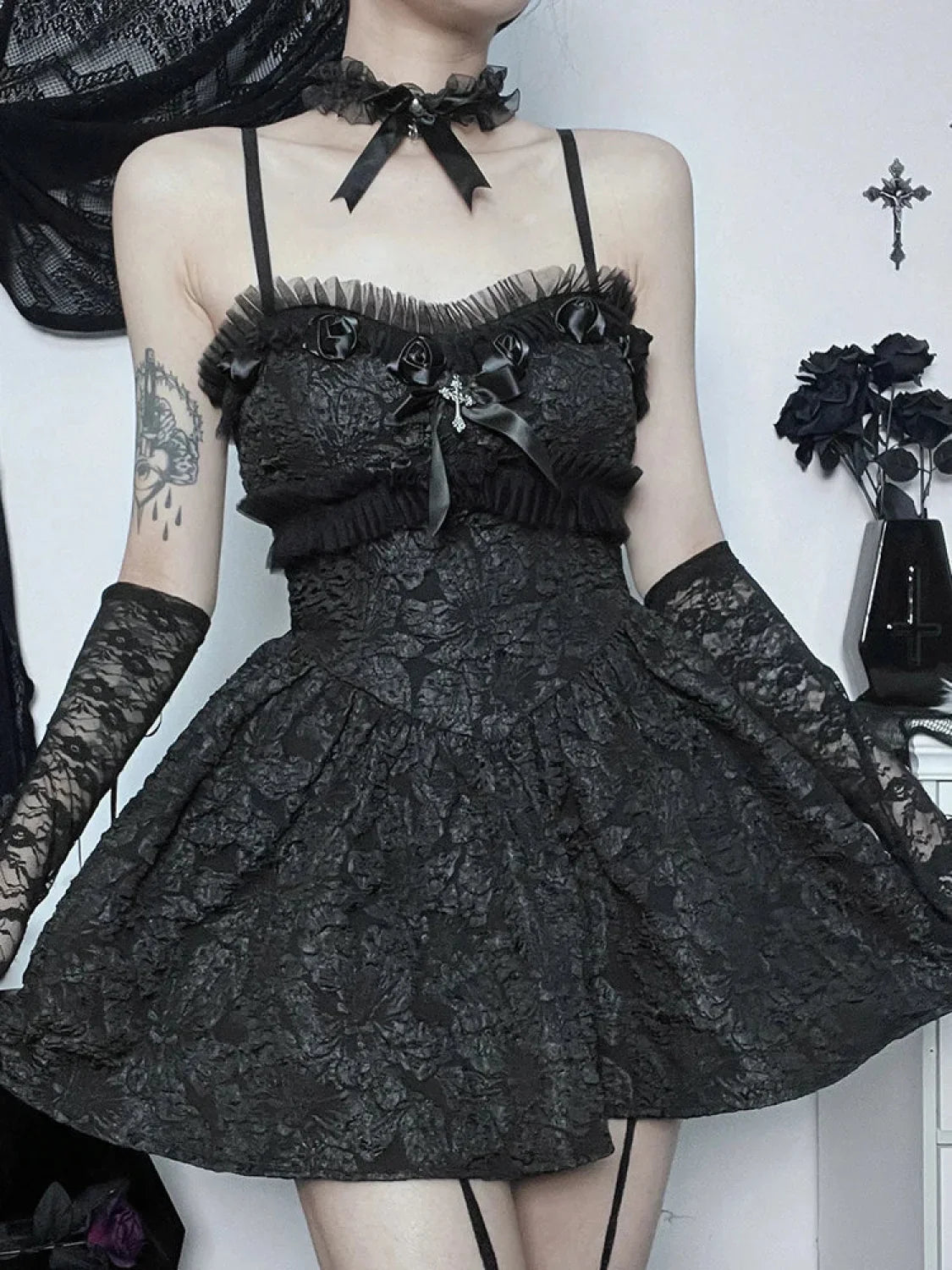 Corset Rose Print Mini Backless Lace A Line Black Shirring Slip Nightclub Patchwork Dress