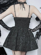 Corset Rose Print Mini Backless Lace A Line Black Shirring Slip Nightclub Patchwork Dress