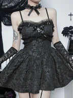 Corset Rose Print Mini Backless Lace A Line Black Shirring Slip Nightclub Patchwork Dress Black / S