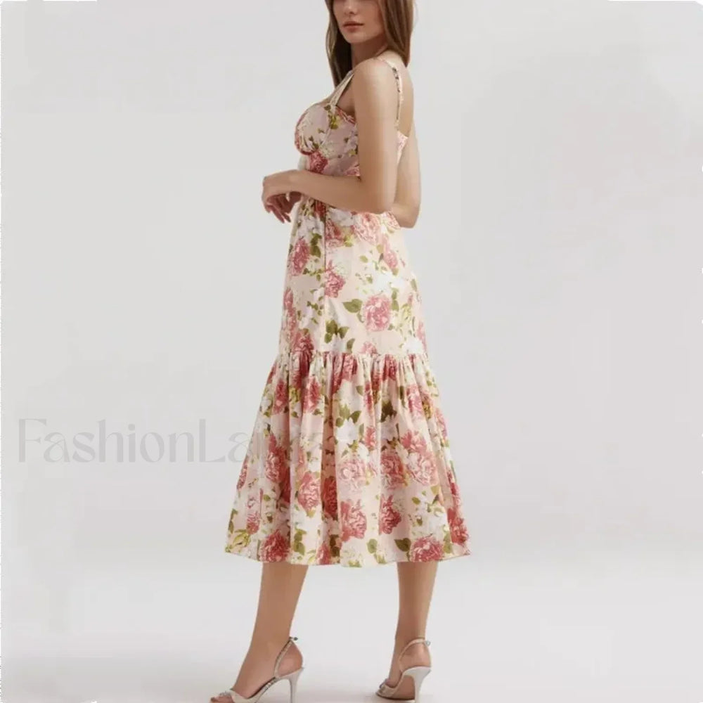 Corset Ruffled Silk Floral Dress