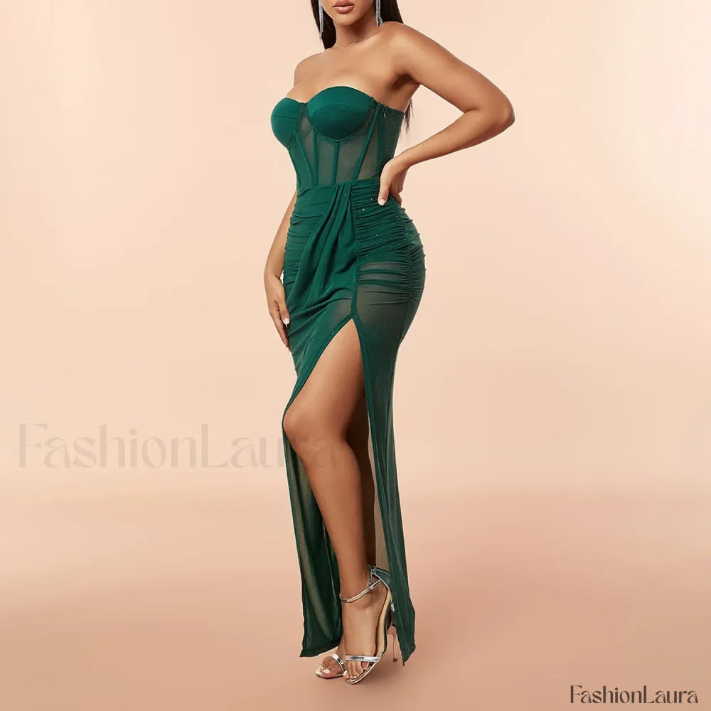 Corset Slit Folds Maxi Dress