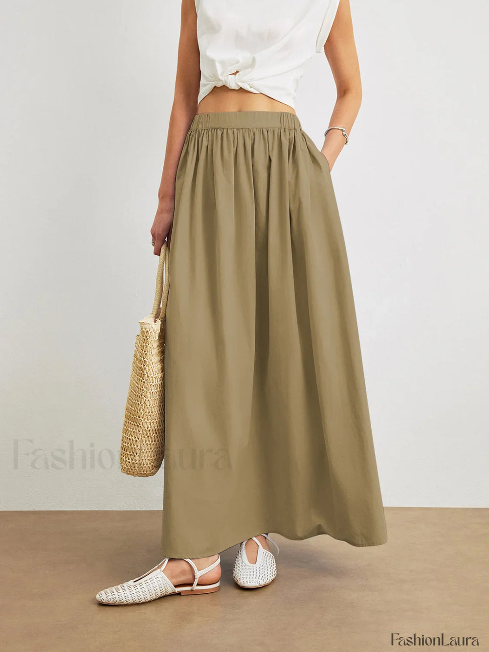 Cotton A Line Skirt With Pockets Khaki / XS Skirts
