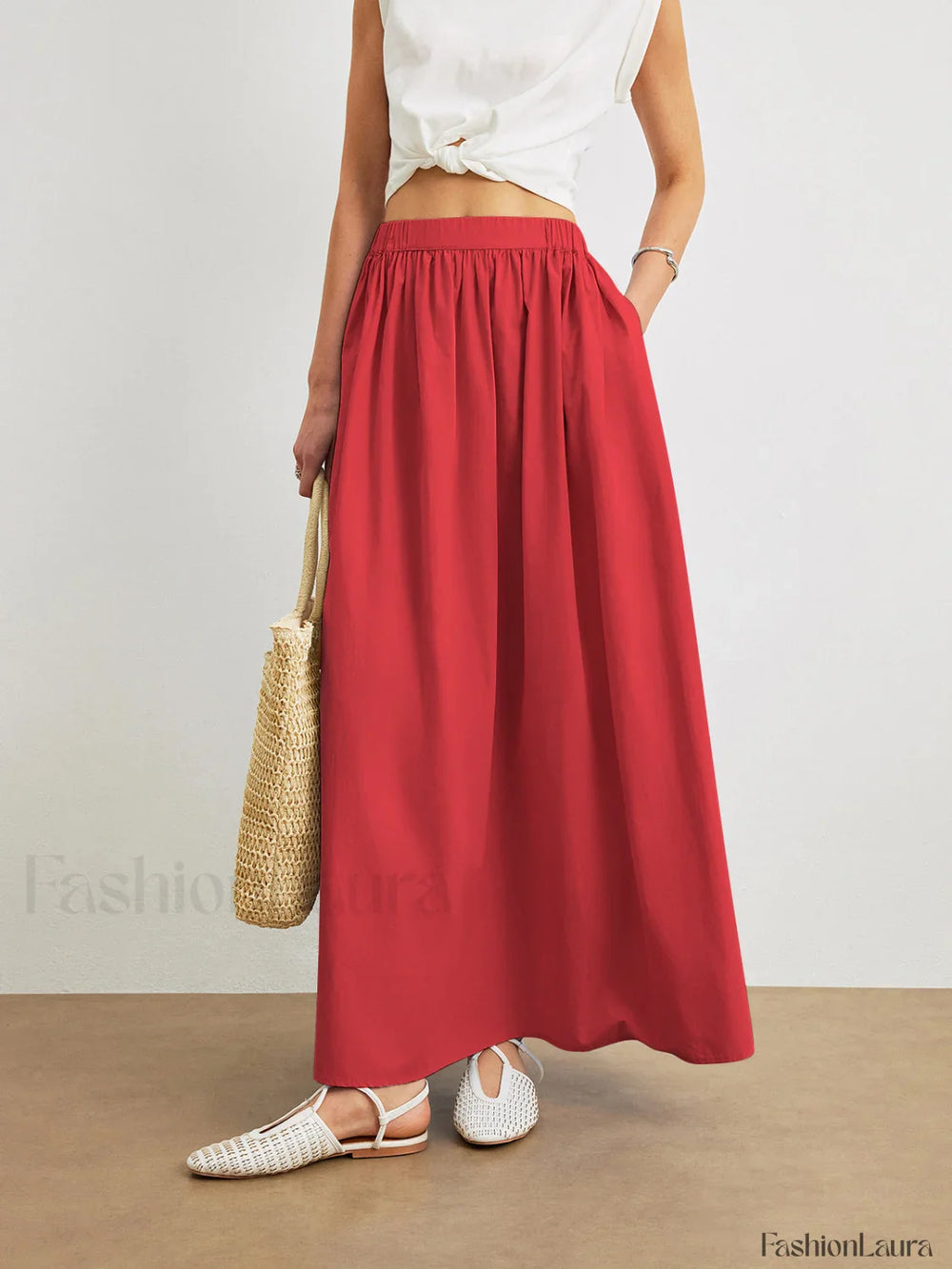 Cotton A Line Skirt With Pockets Red / XS Skirts