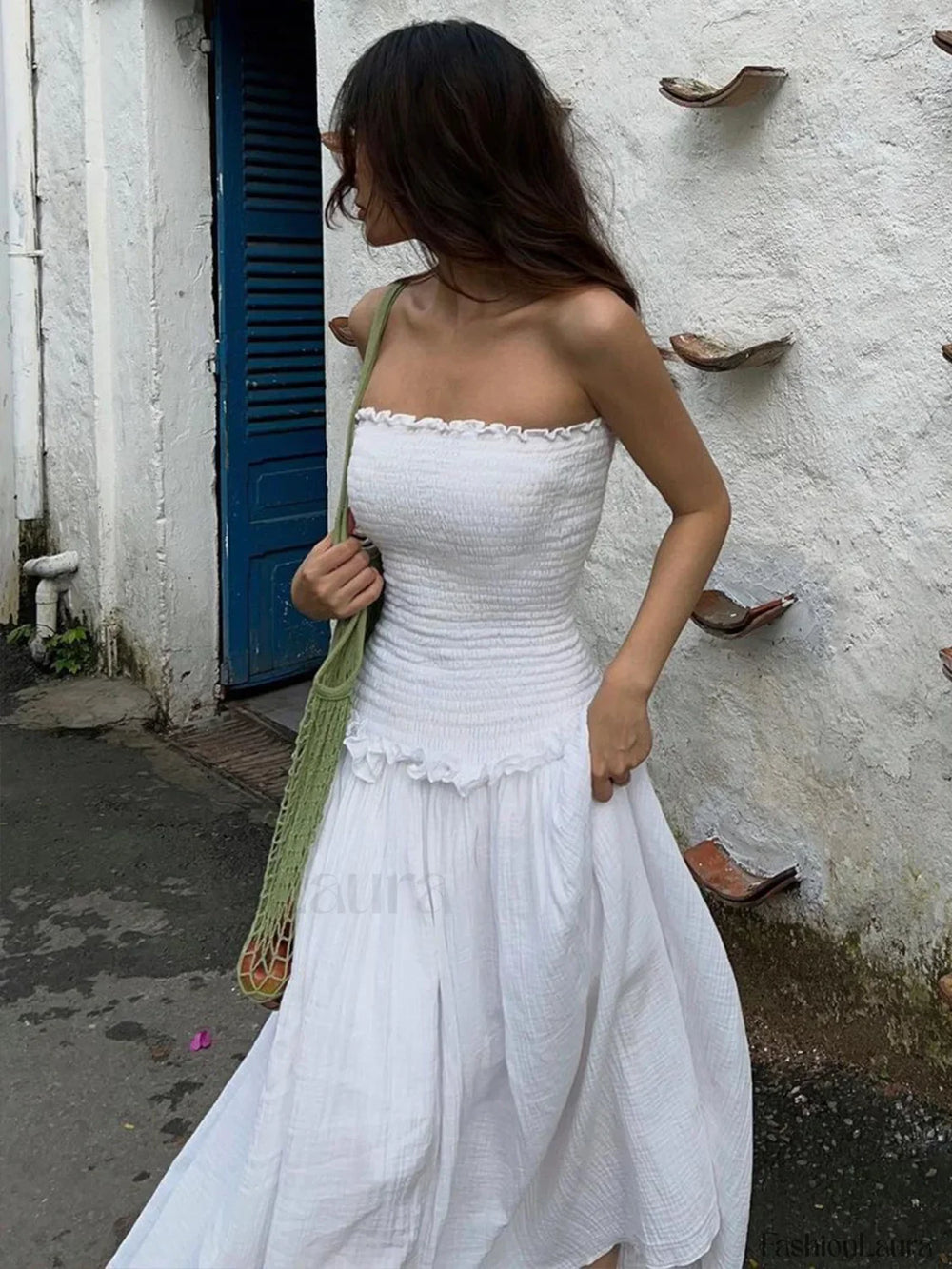 Cotton Blends Shirred Tube Long Dress Dresses