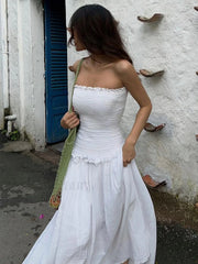 Cotton Blends Shirred Tube Long Dress Dresses