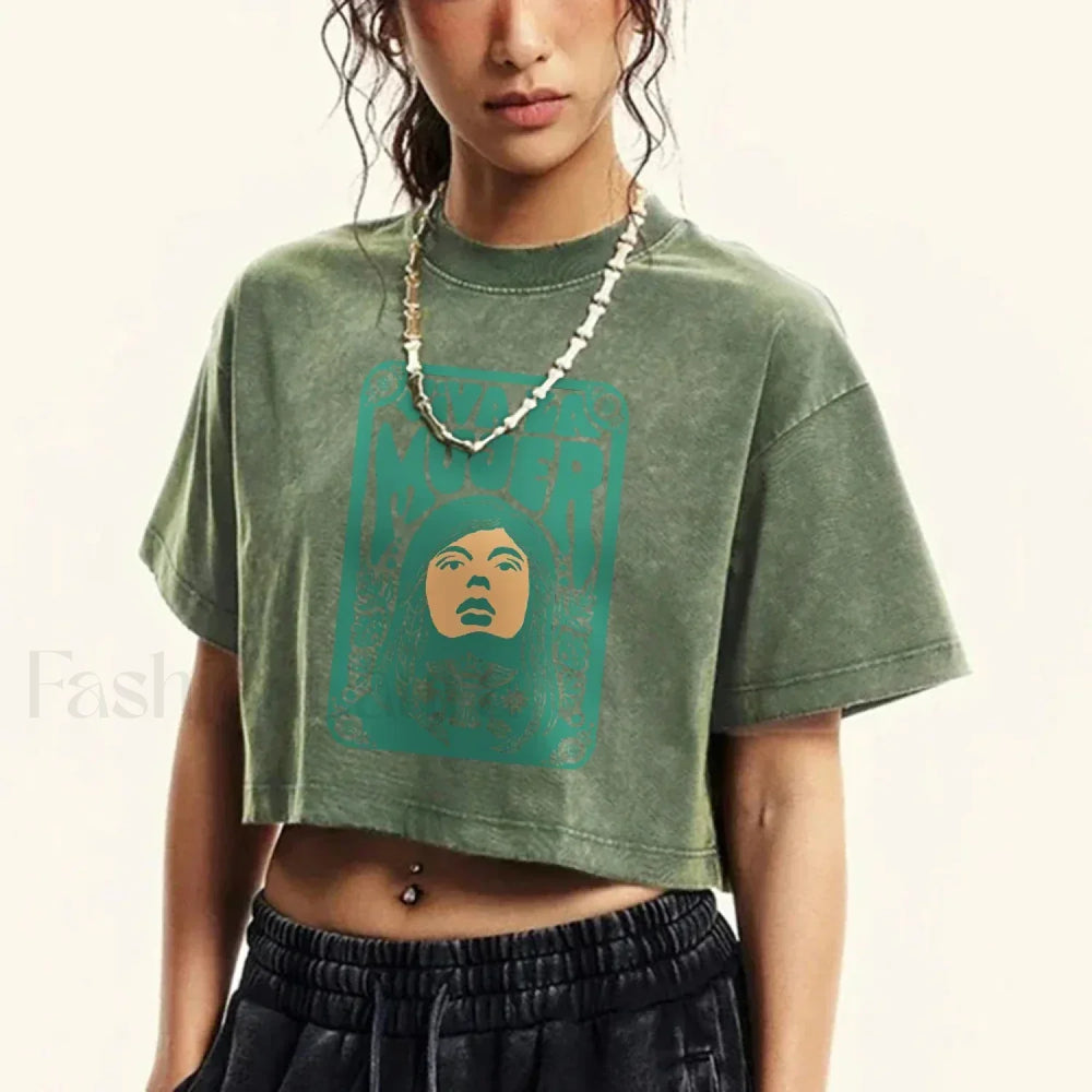 Cotton Crop Distressed Face Print Short Sleeve T Shirt Drak Green / S