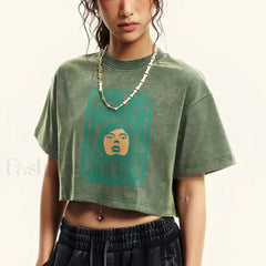 Cotton Crop Distressed Face Print Short Sleeve T Shirt Drak Green / S