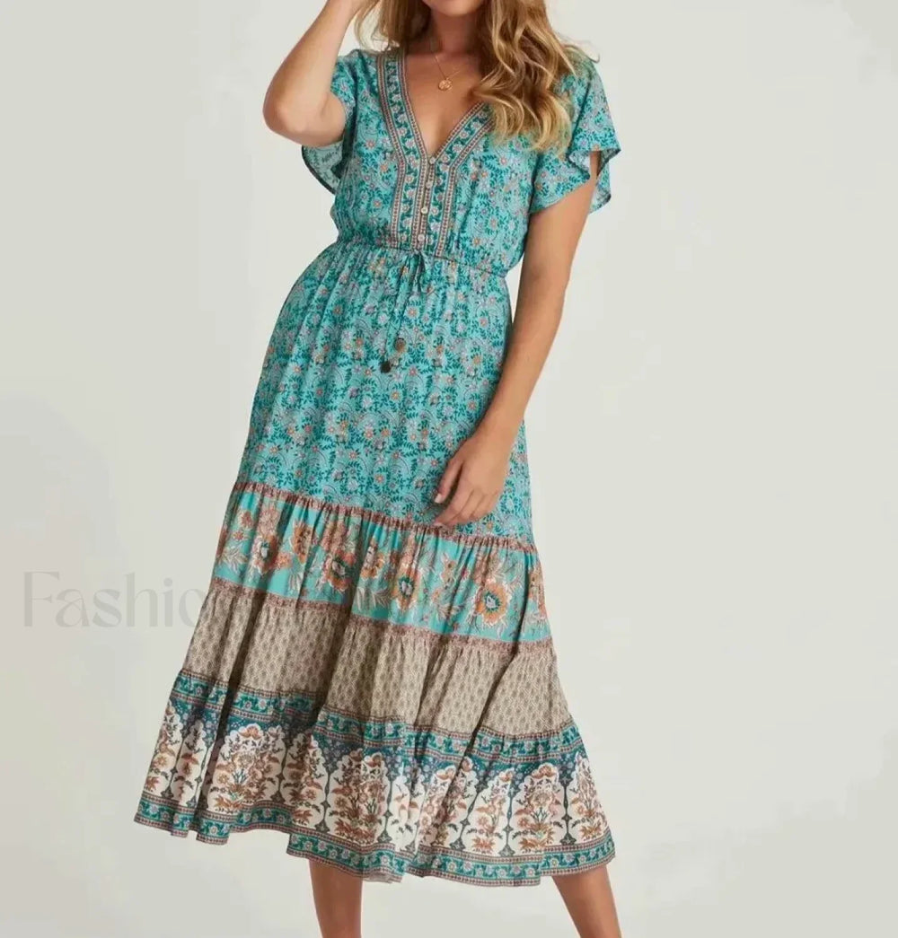 Cotton Drawstring Midi Boho Dress Green / S