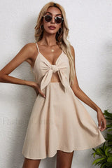 Cotton Linen Bow Strap Casual Strappy Mini Dress Apricot / S