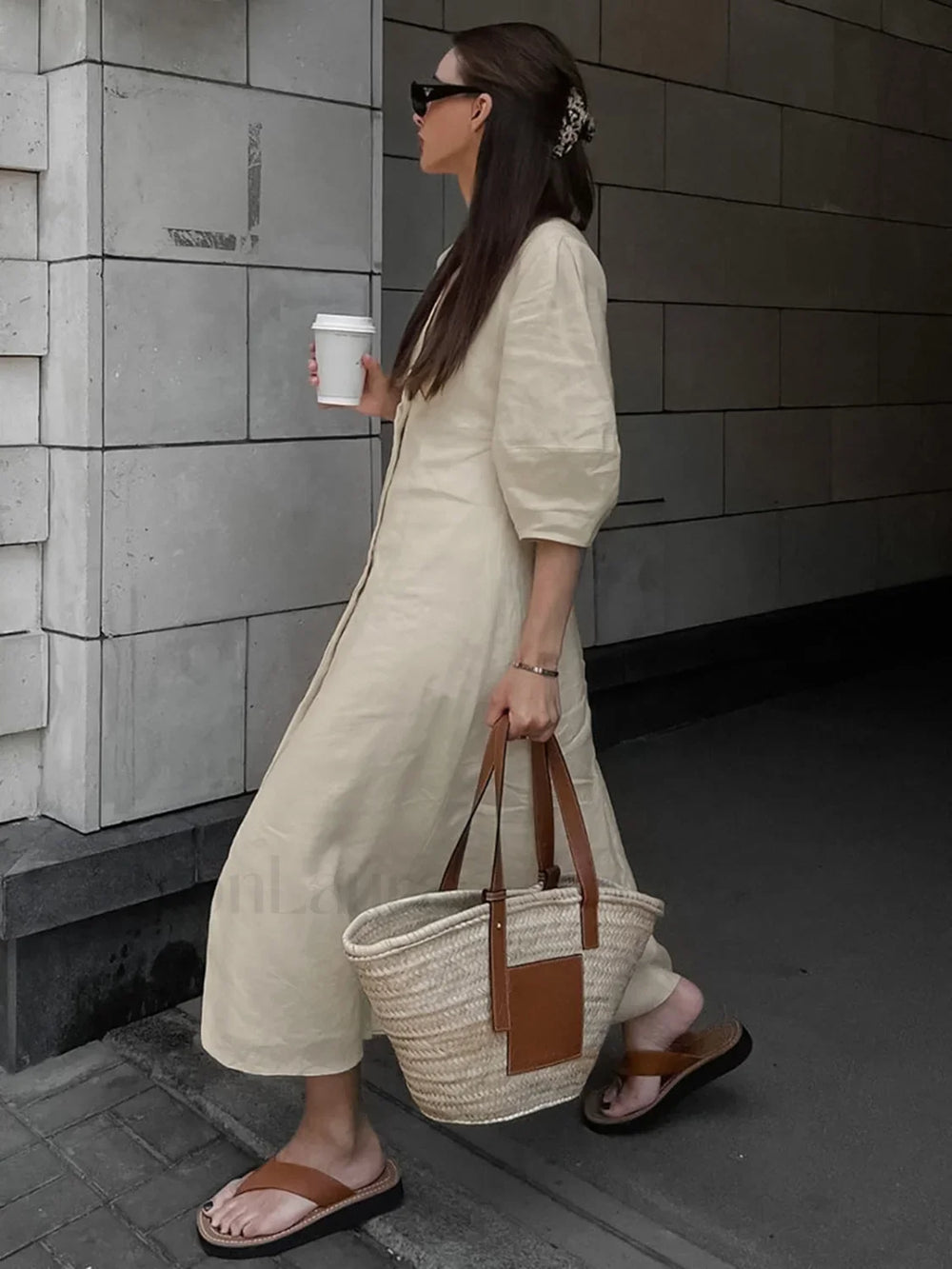 Cotton & Linen Button Front Knotted Long Dress Dresses