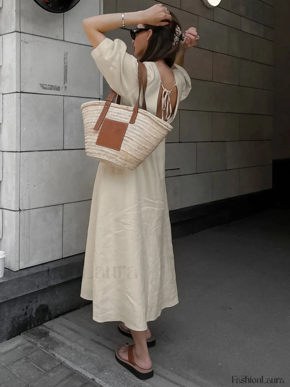 Cotton & Linen Button Front Knotted Long Dress Dresses