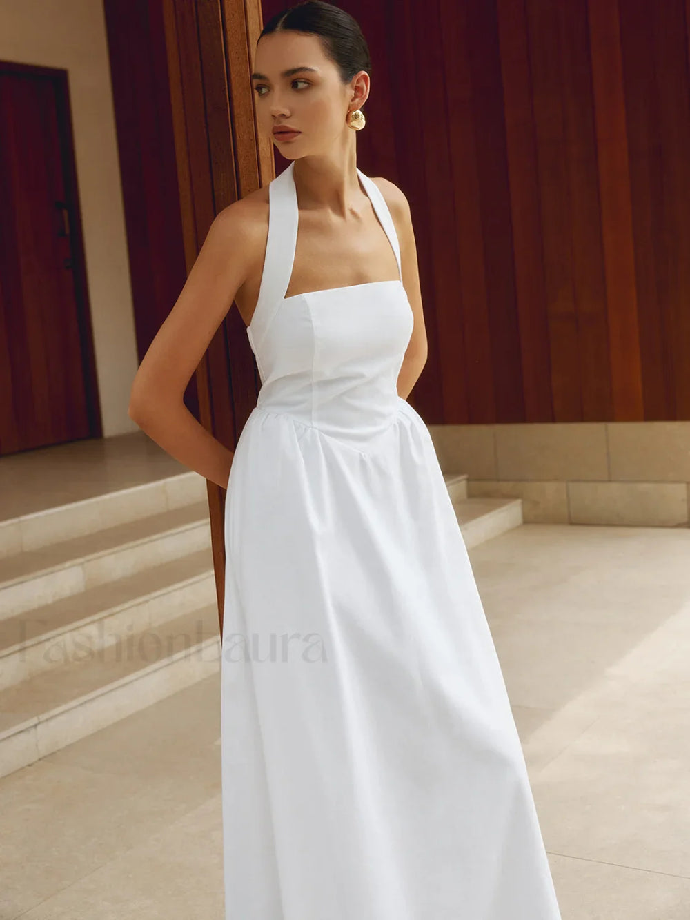 Cotton & Linen Halter Modern A Line Long Dress Dresses