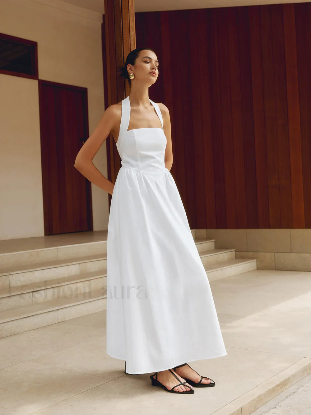 Cotton & Linen Halter Modern A Line Long Dress Dresses