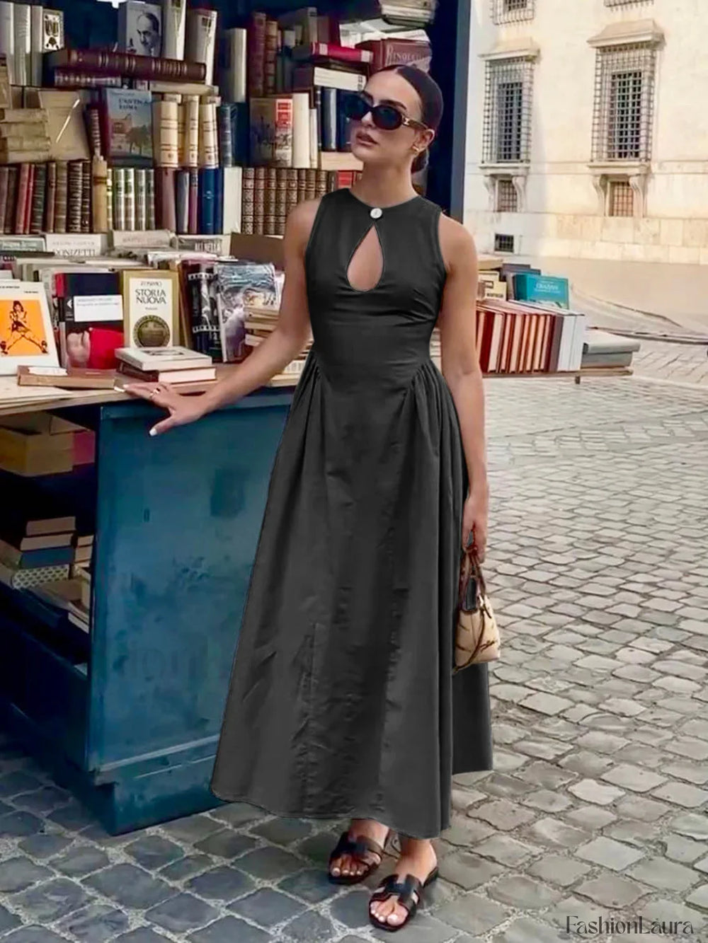 Cotton & Linen Pleated Cutout Long Dress Black / XS Dresses