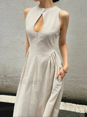 Cotton & Linen Pleated Cutout Long Dress Dresses