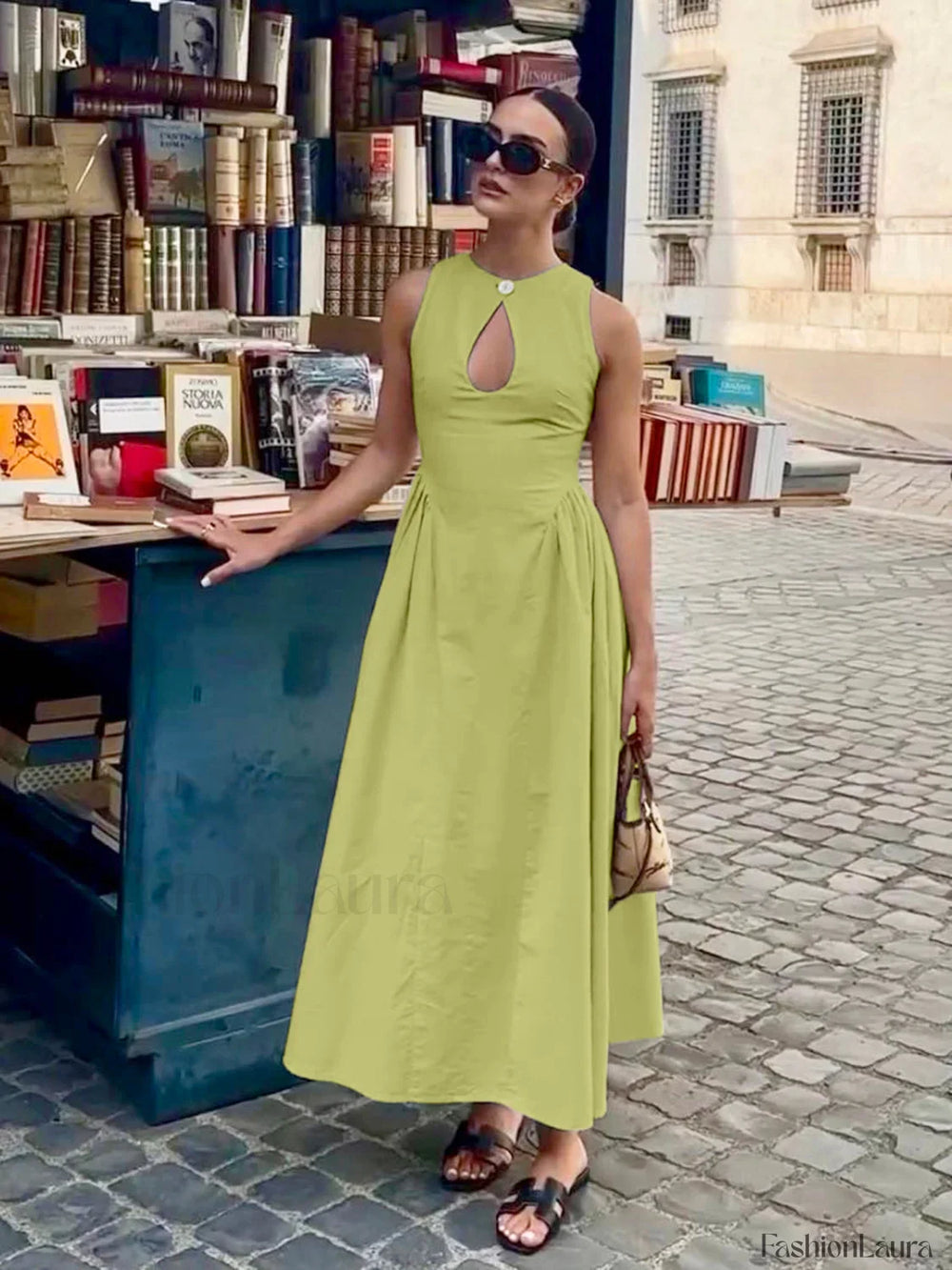 Cotton & Linen Pleated Cutout Long Dress Green / XS Dresses