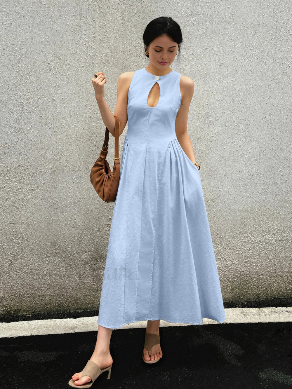 Cotton & Linen Pleated Cutout Long Dress LightBlue / XS Dresses