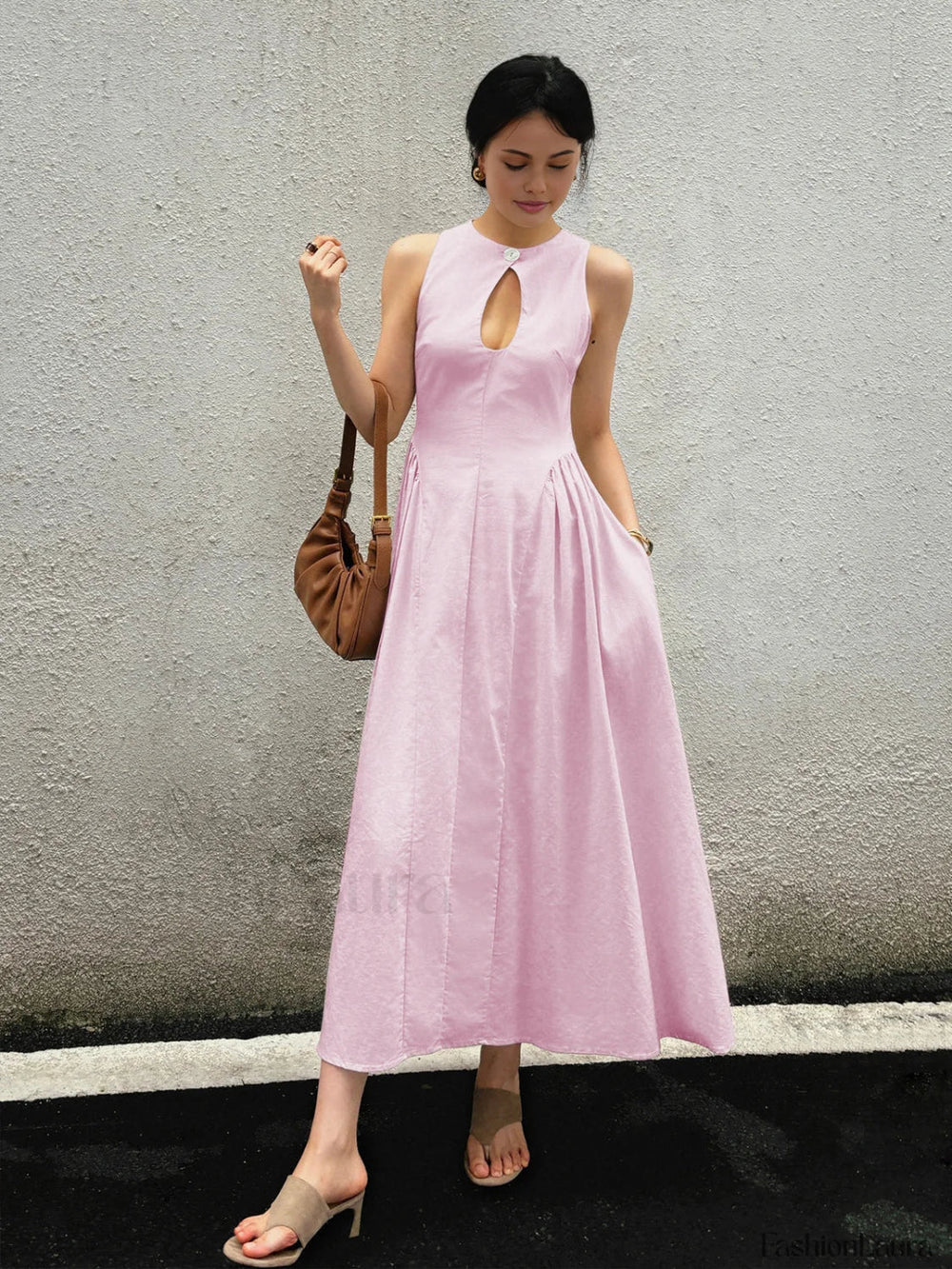 Cotton & Linen Pleated Cutout Long Dress Pink / XS Dresses