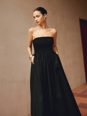 Cotton & Linen Trendy Pleat Strapless Long Dress Dresses
