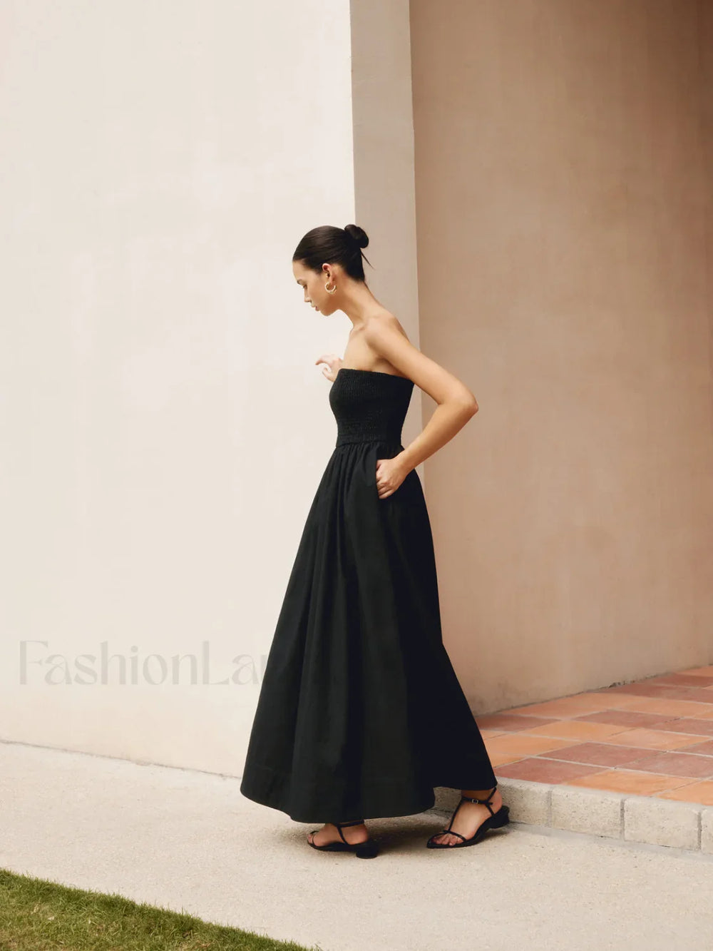 Cotton & Linen Trendy Pleat Strapless Long Dress Dresses