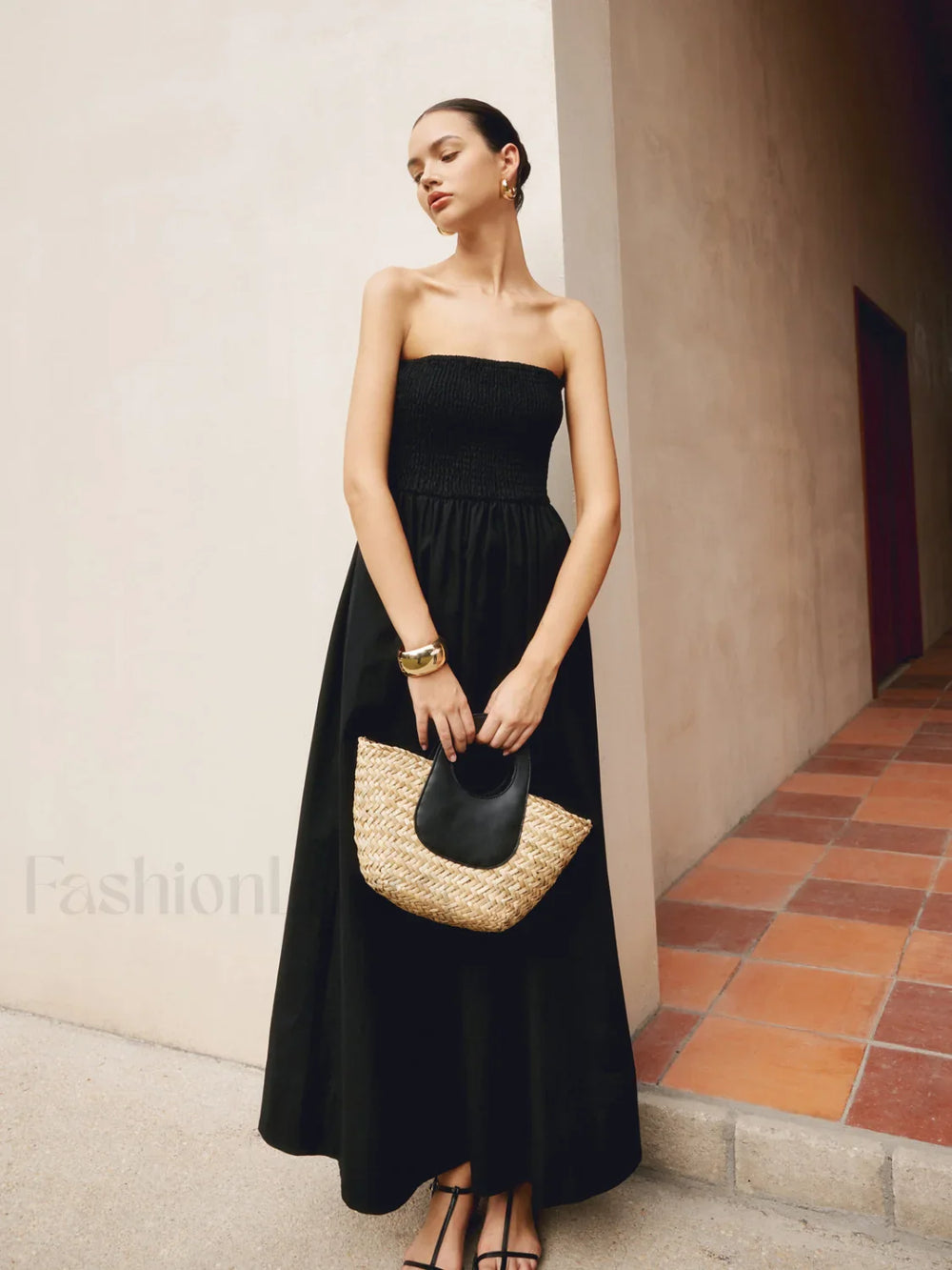 Cotton & Linen Trendy Pleat Strapless Long Dress Dresses