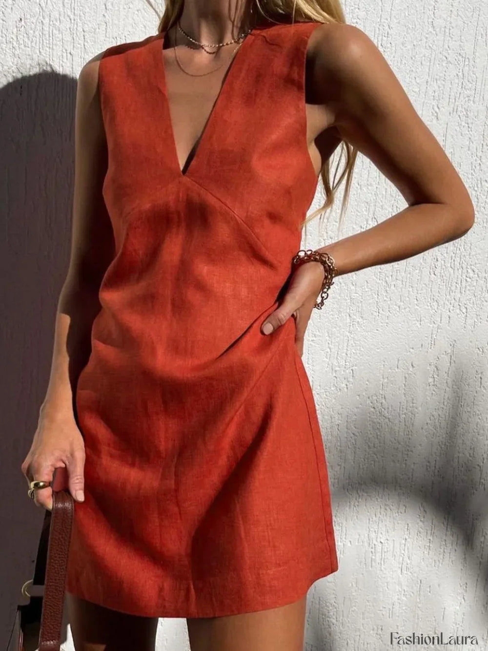 Cotton & Linen V Neck Short Dress Red / XS Dresses