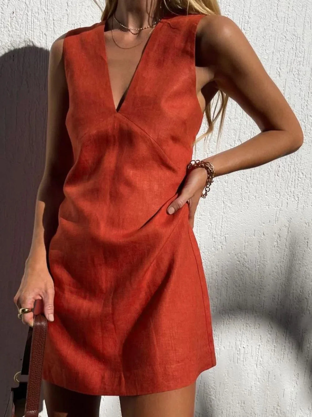 Cotton & Linen V Neck Short Dress Red / XS Dresses