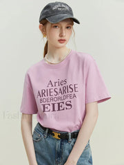 Cotton Loose Letter Slim Fit T Shirt Lavender / S