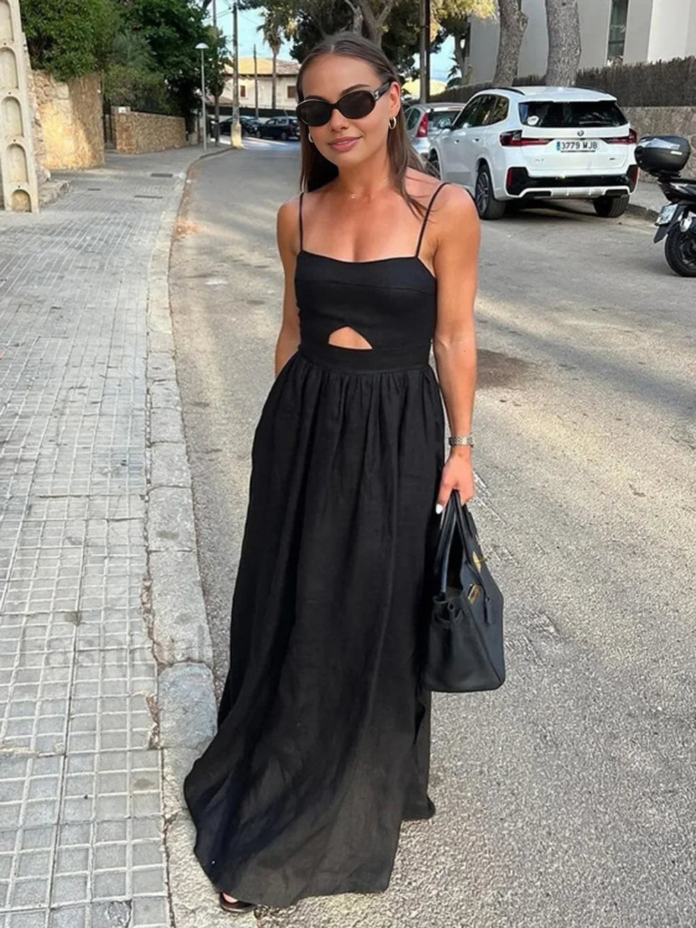 Cotton Sleeveless Pockets Cutout Long Dress Dresses