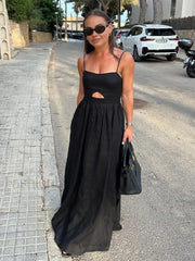Cotton Sleeveless Pockets Cutout Long Dress Dresses
