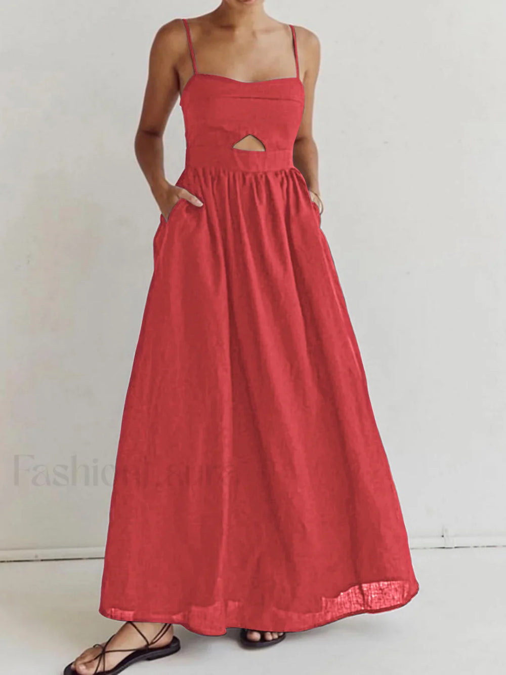 Cotton Sleeveless Pockets Cutout Long Dress Red / XS Dresses