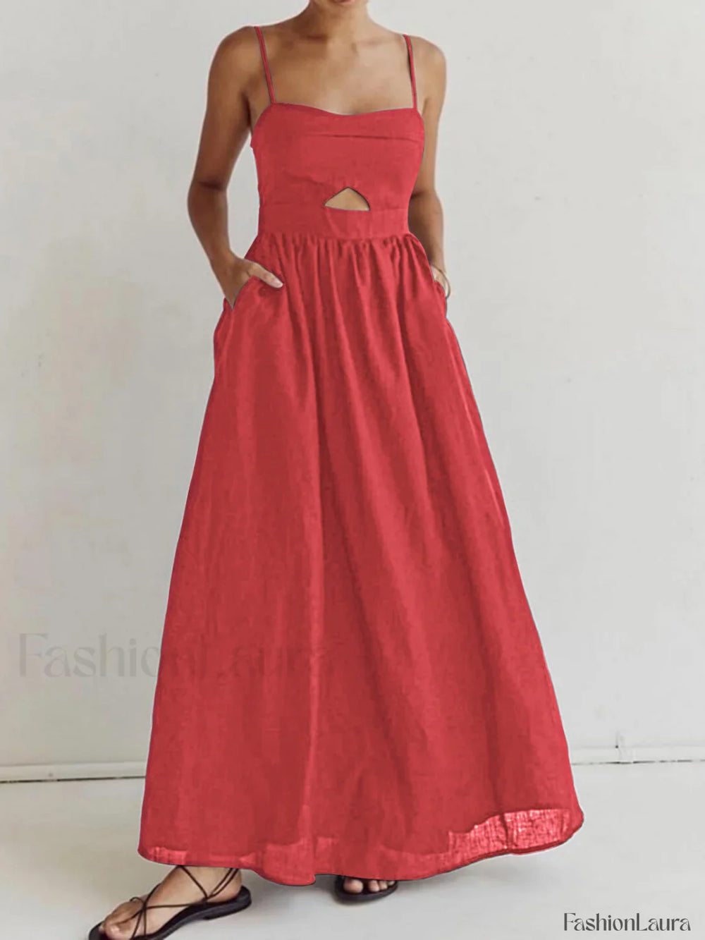 Cotton Sleeveless Pockets Cutout Long Dress Red / XS Dresses