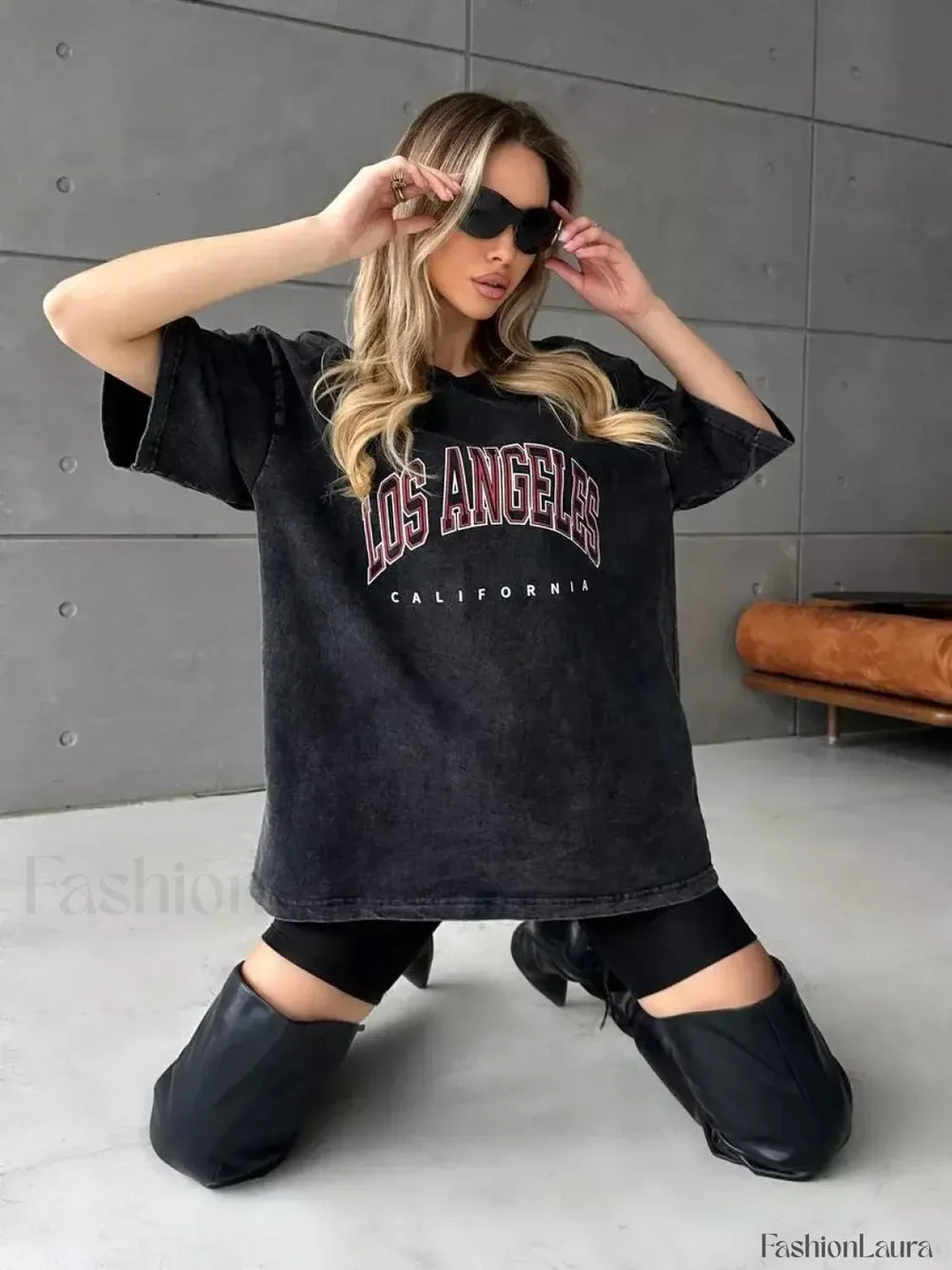 Cotton Washed Los Angeles Callfornia Print T Shirt