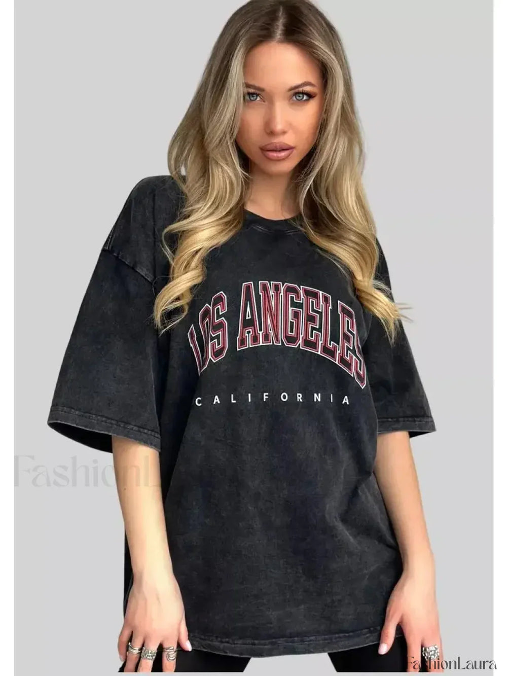 Cotton Washed Los Angeles Callfornia Print T Shirt Black 2 / S