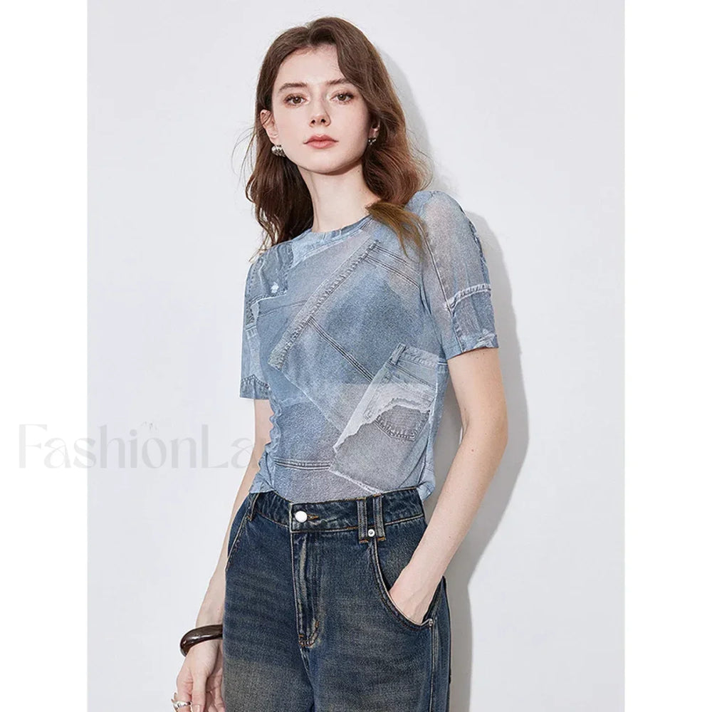 Cowboy Patchwork See through T Shirt Grey Blue / S