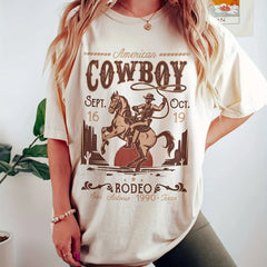 Cowboy Print Casual Crew Neck Spring T Shirt APRICOT / S
