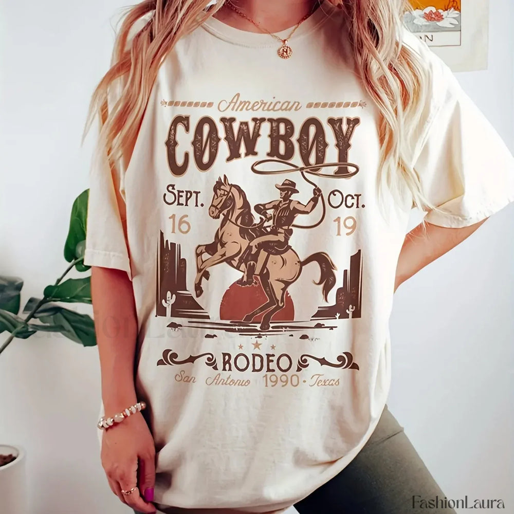Cowboy Print Casual Crew Neck Spring T Shirt APRICOT / S