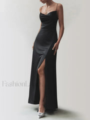 Cowl Neck Satin Trendy Slit Long Dress Black / XS Dresses
