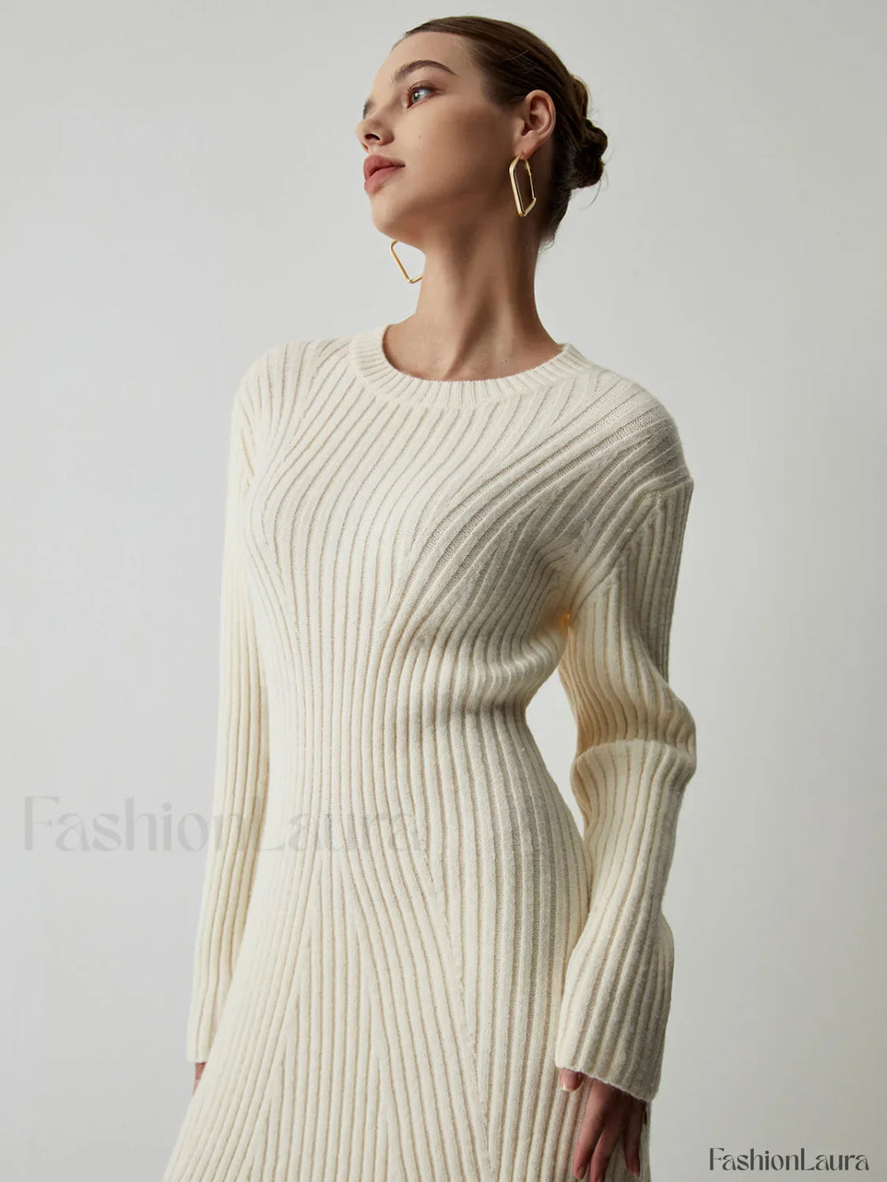 Cream Rib Long Trendy Sleeve Short Sweater Dress Sweaters L